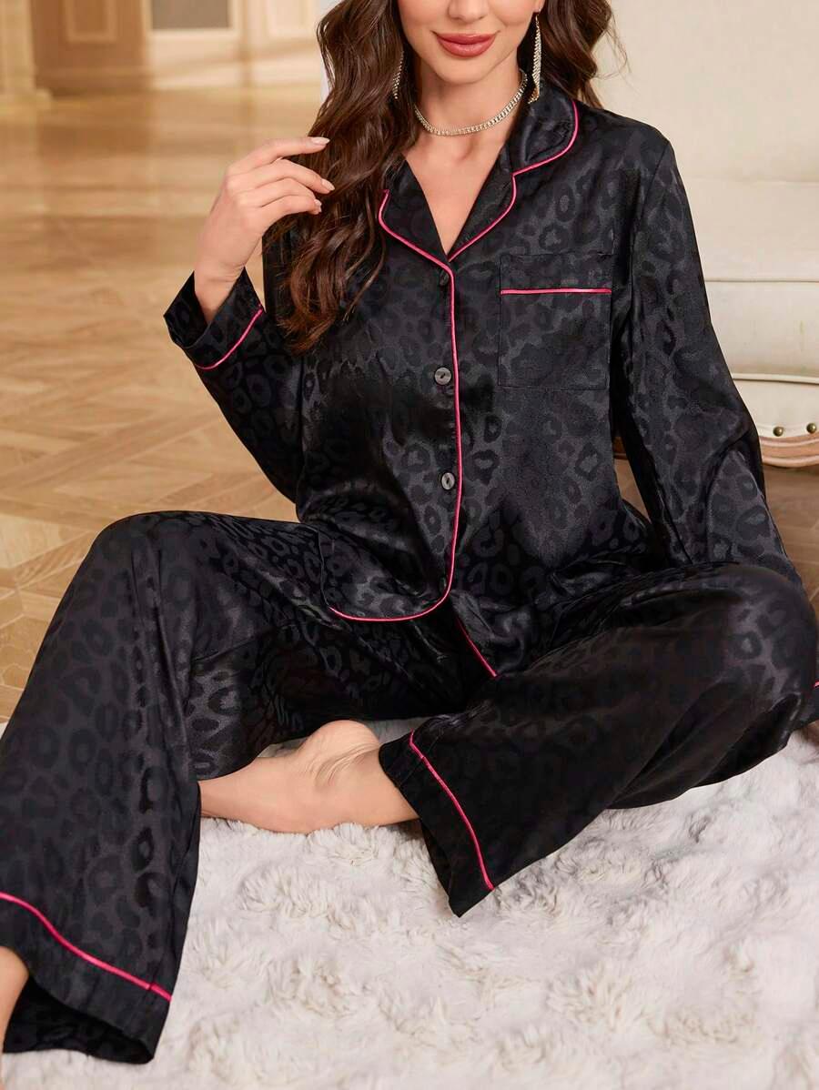 Contrast Patterned Satin Pajamas – Soft and Elegant Sleepwear Set-Secret Slim Wear