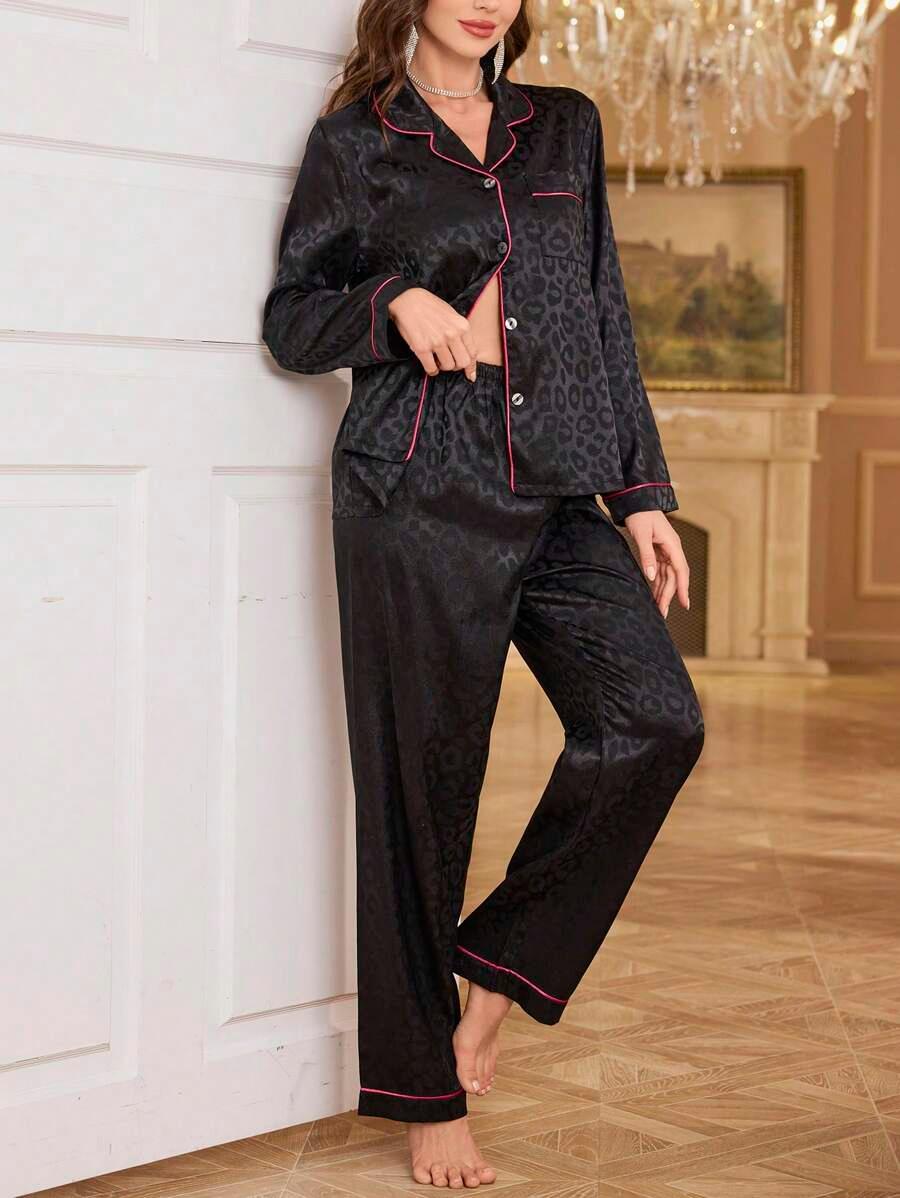 Contrast Patterned Satin Pajamas – Soft and Elegant Sleepwear Set-Secret Slim Wear