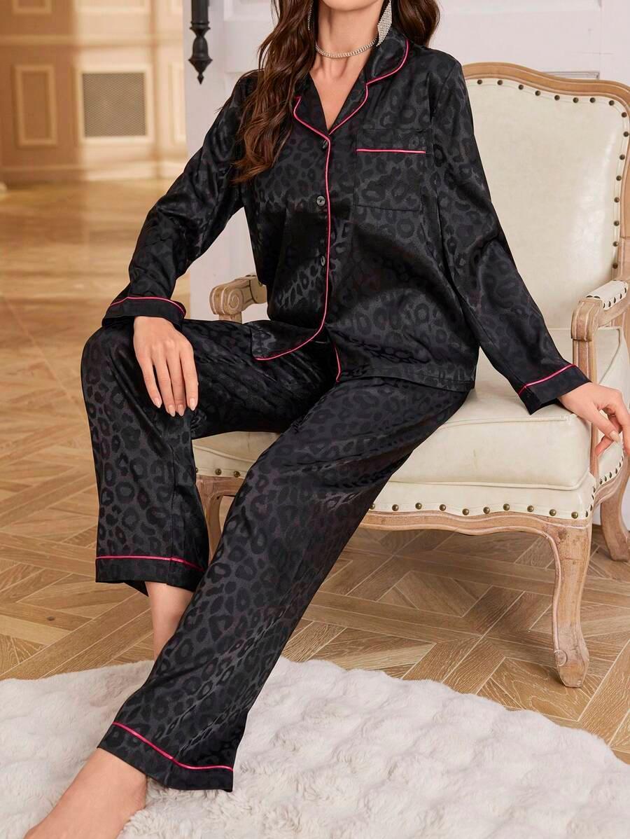 Contrast Patterned Satin Pajamas – Soft and Elegant Sleepwear Set-Secret Slim Wear