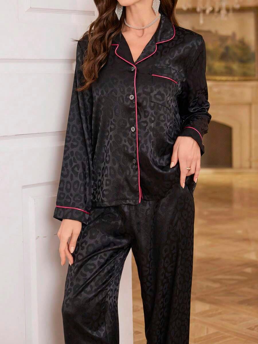 Contrast Patterned Satin Pajamas – Soft and Elegant Sleepwear Set-Secret Slim Wear