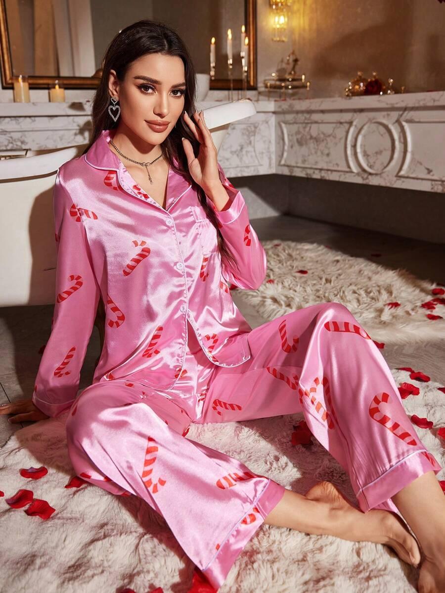 Candy Cane Printed Pajamas – Festive Satin Sleepwear Set-Secret Slim Wear