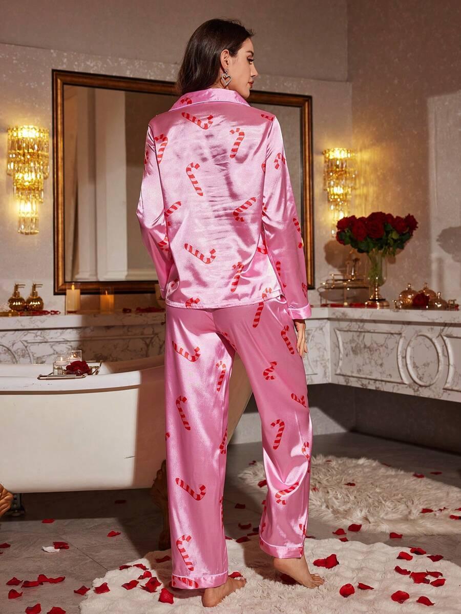 Candy Cane Printed Pajamas – Festive Satin Sleepwear Set-Secret Slim Wear