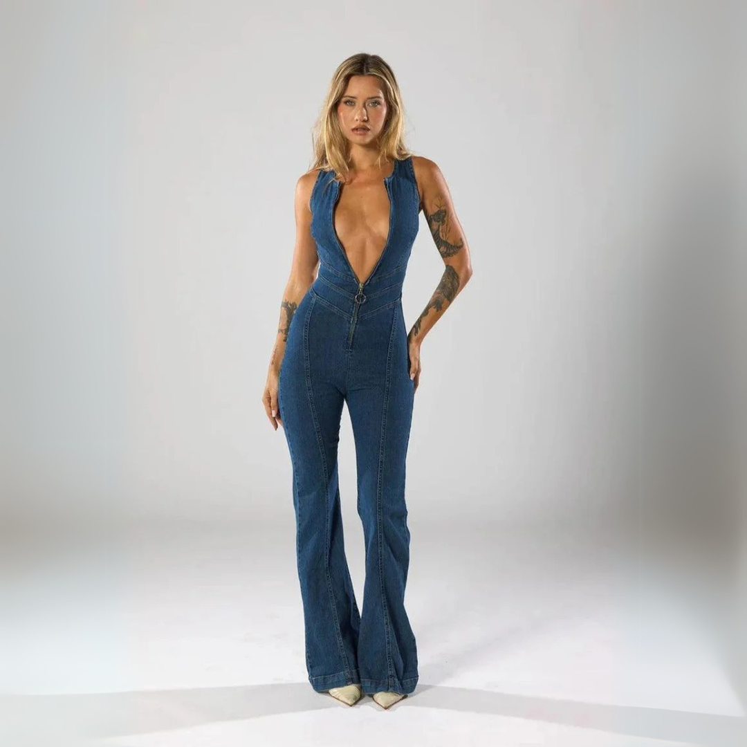 Plunge Flare Denim Jumpsuit – Vintage-Inspired Fashion with Modern Fit-Secret Slim Wear