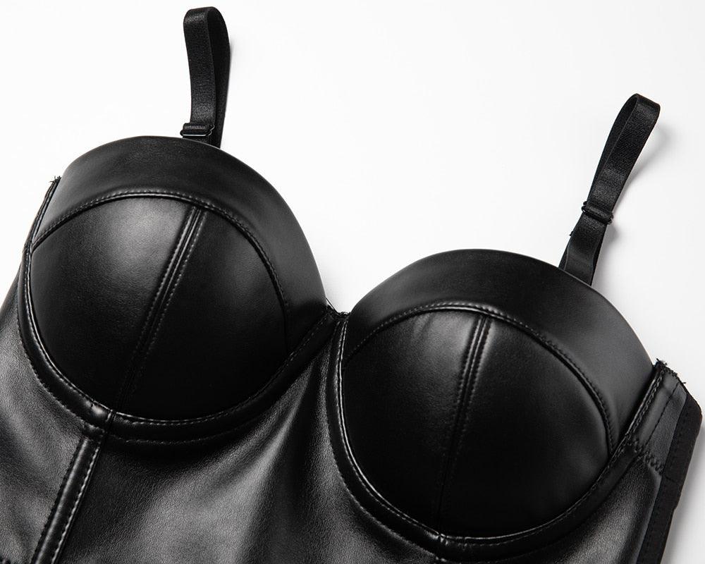 Women's Corset Black PU Leather Crop Top-Secret Slim Wear