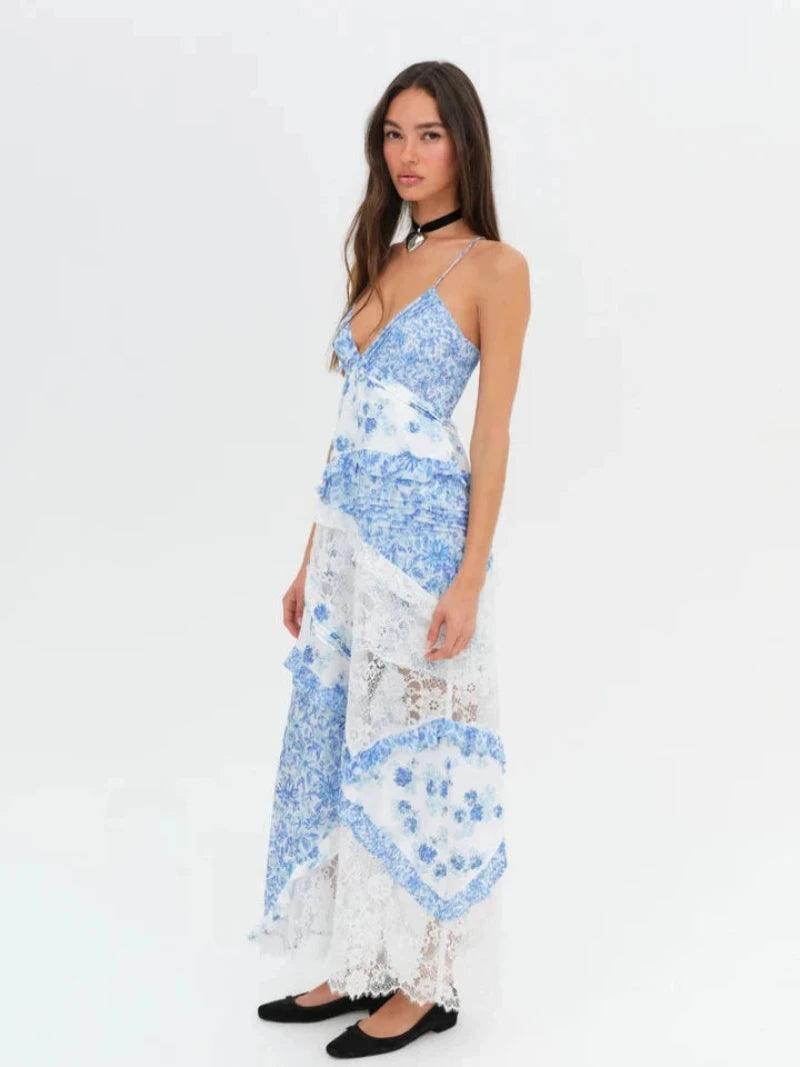Floral Patchwork Maxi Dress – Elegant Lace and Flowing Design-Secret Slim Wear