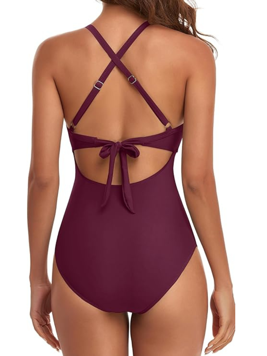 One Piece Swimsuit With Adjustable Control Ruched Tie Design-Secret Slim Wear