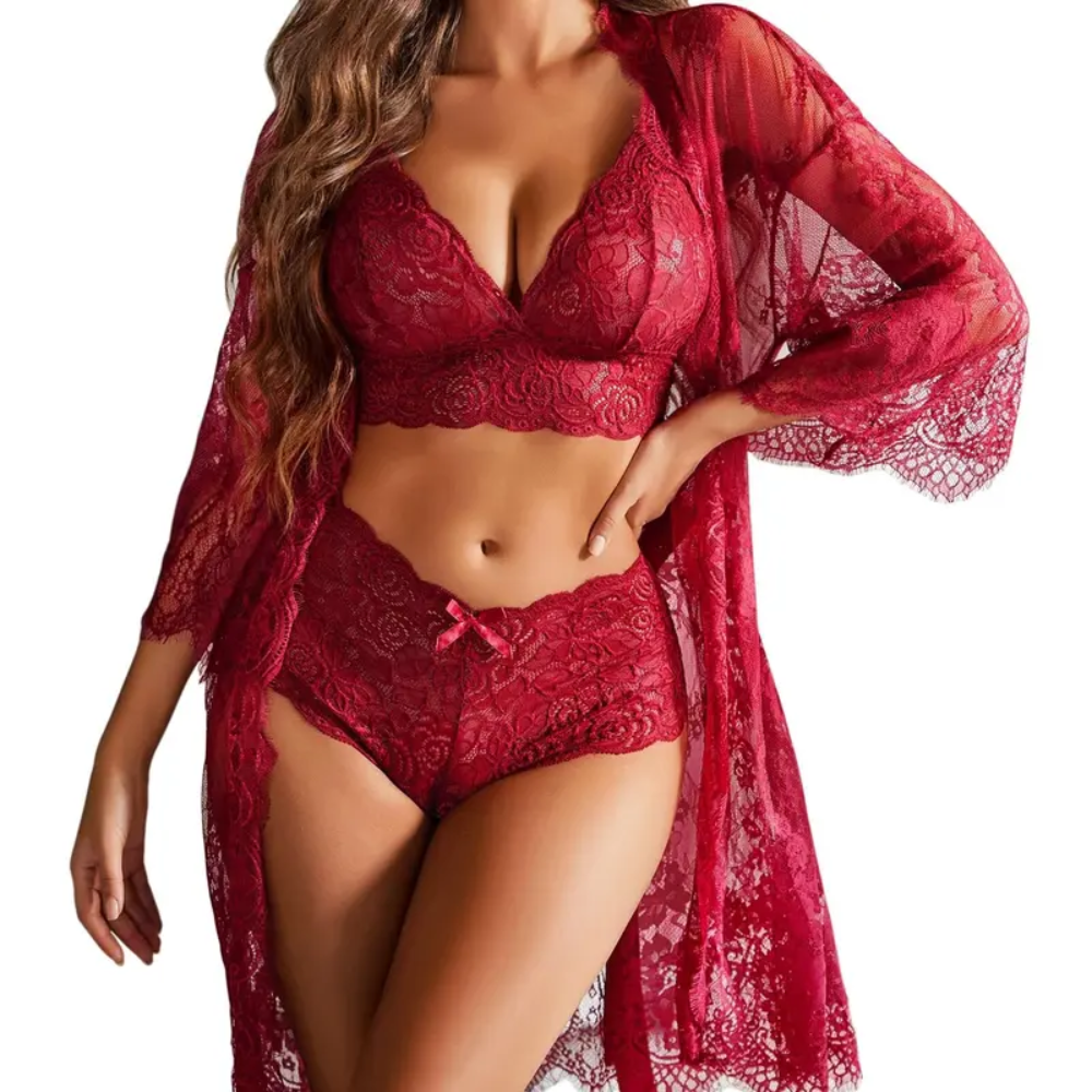 Three Piece Sleepwear Sets With Lace Kimono Robe For Women