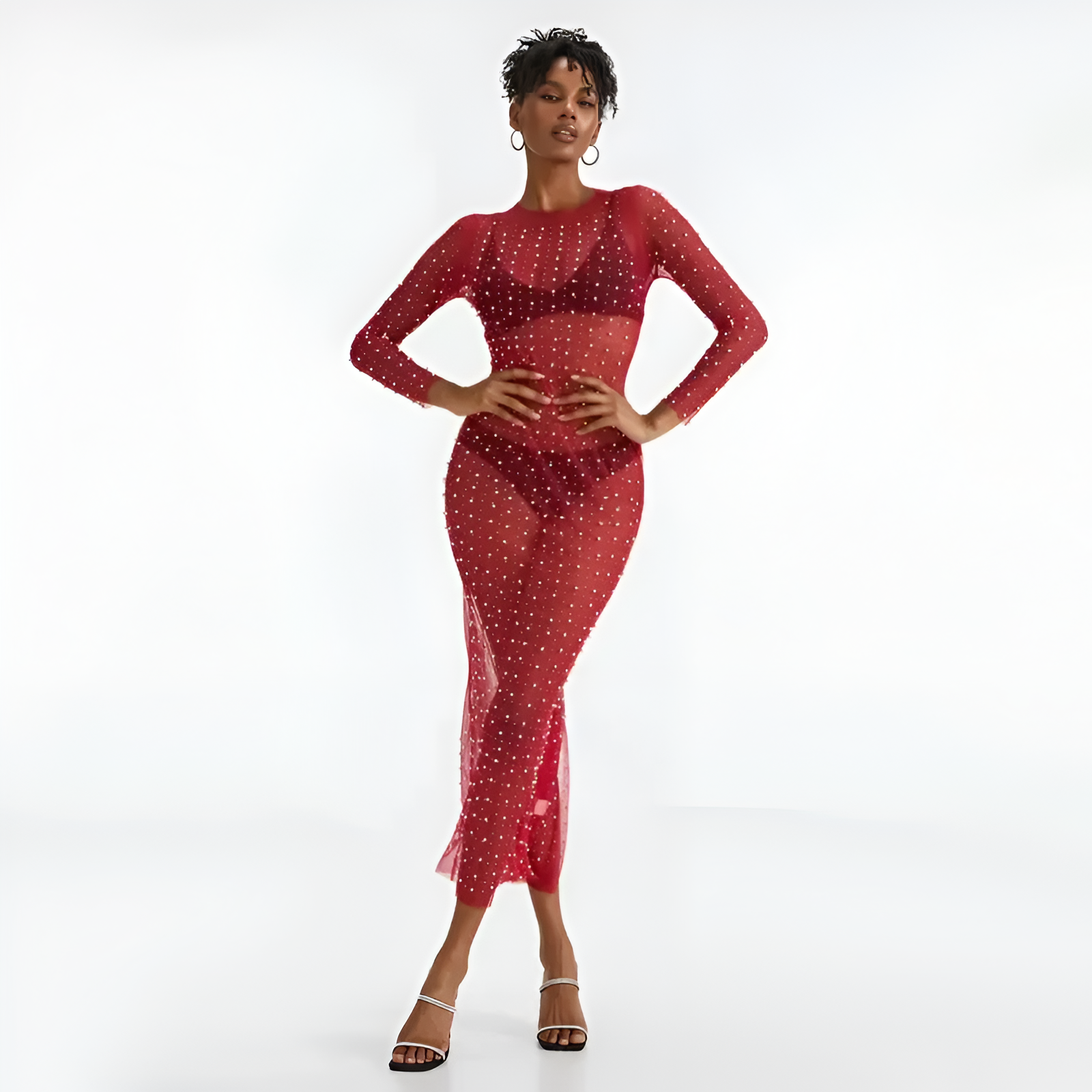 Mesh Bikini Cover Up Dress With Pearl Detail For Women