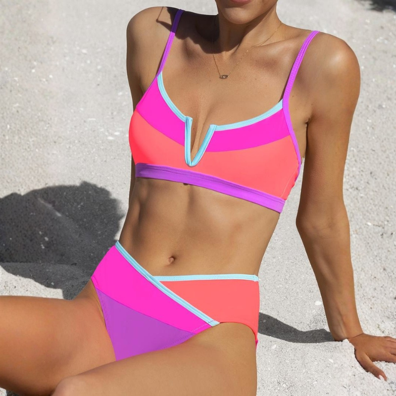 Tummy Control Color Block Swimsuit for Women, Neon Bathing Suit with Adjustable Strap and Built-in Pads