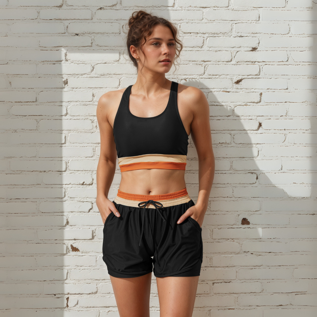 Colorblock Zipper Back Sporty Bikini Top With Short Set-Secret Slim Wear