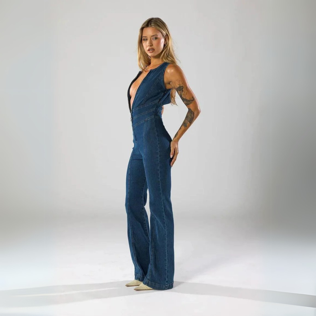 Plunge Flare Denim Jumpsuit – Vintage-Inspired Fashion with Modern Fit-Secret Slim Wear