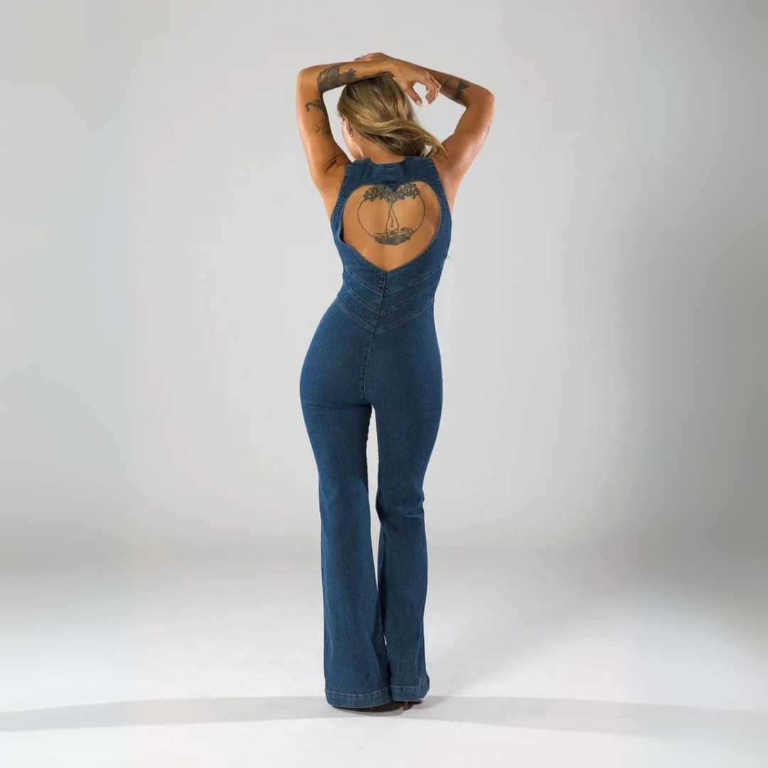 Plunge Flare Denim Jumpsuit – Vintage-Inspired Fashion with Modern Fit-Secret Slim Wear