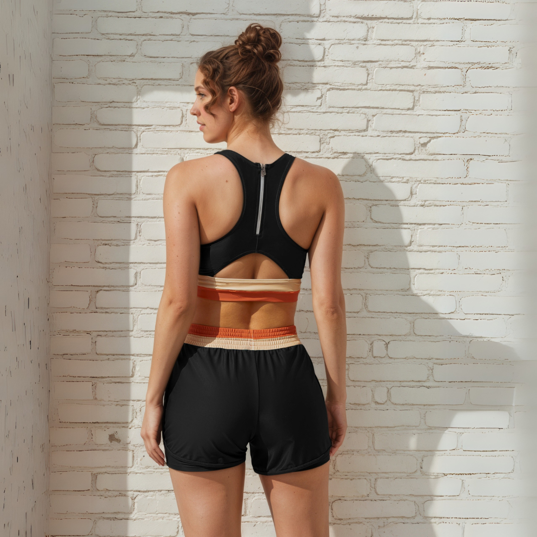Colorblock Zipper Back Sporty Bikini Top With Short Set-Secret Slim Wear