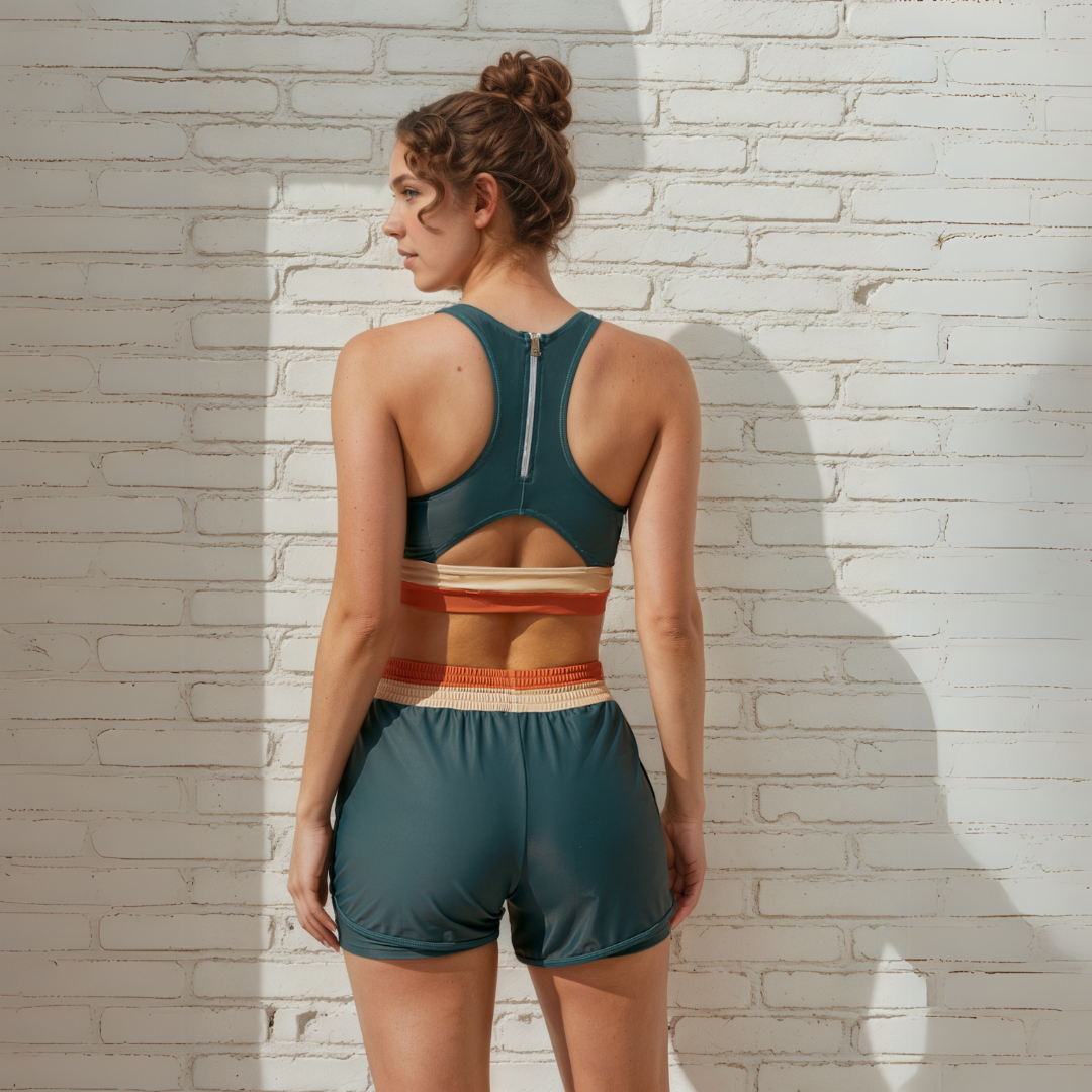 Colorblock Zipper Back Sporty Bikini Top With Short Set-Secret Slim Wear