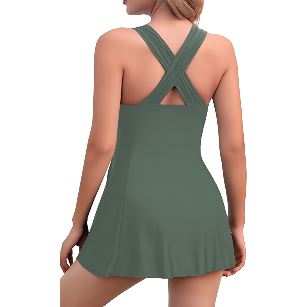 Elegant One Piece Skirted Swimdress With Cross Back Design For Women