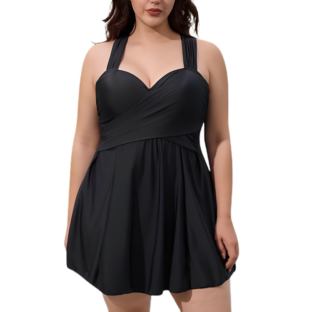 Elegant One Piece Skirted Swimdress With Cross Back Design For Women