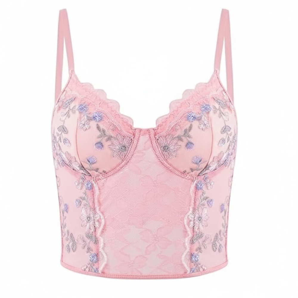 Mesh Sequin Floral Jacquard Corset Crop Top For Women