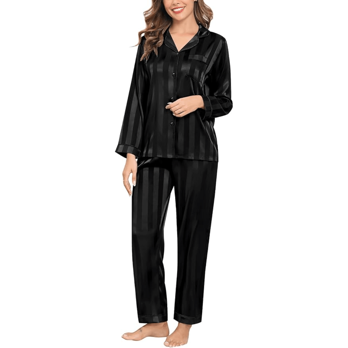 Striped Satin Pajama Set – Elegant and Comfortable Loungewear-Secret Slim Wear