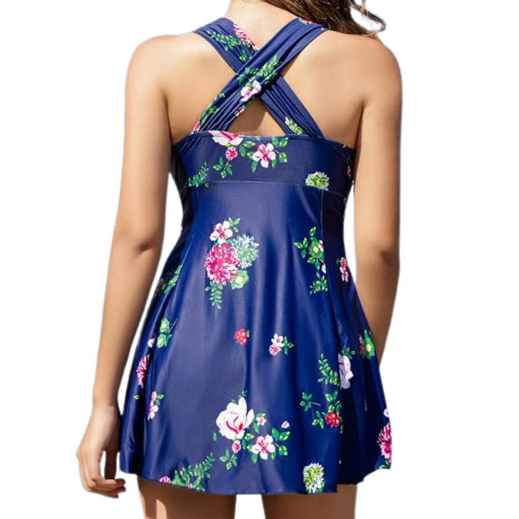Elegant One Piece Skirted Swimdress With Cross Back Design For Women