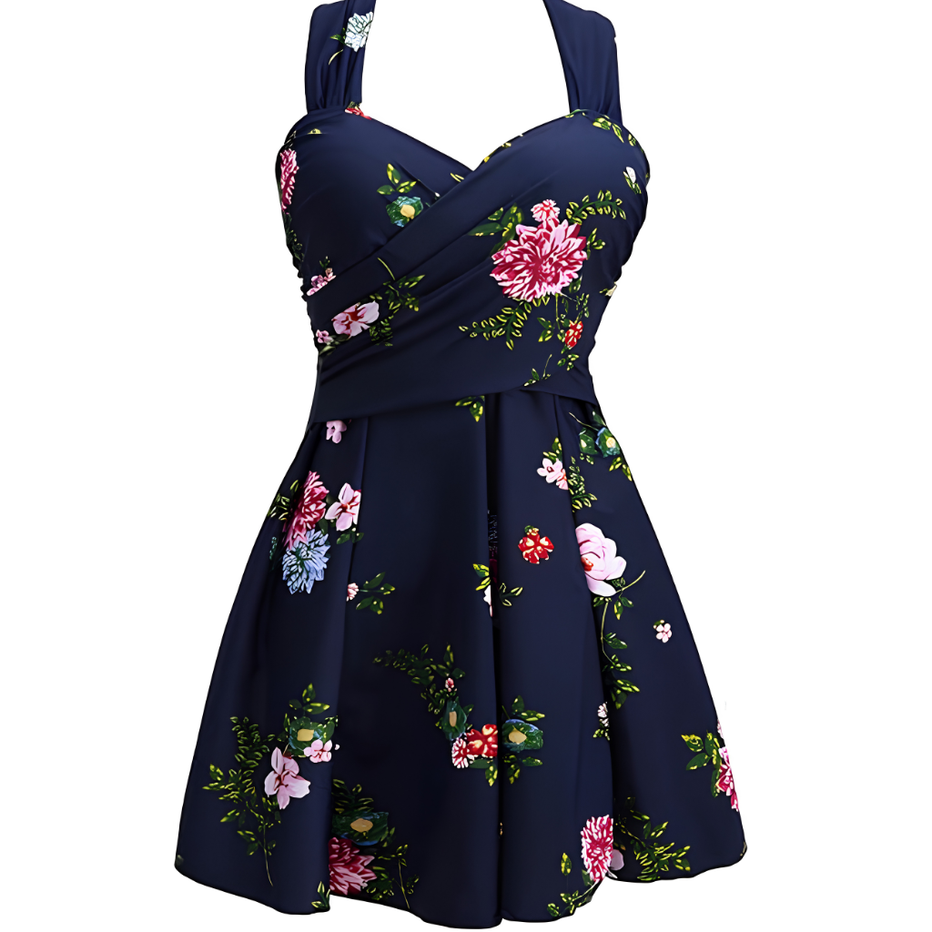 Elegant One Piece Skirted Swimdress With Cross Back Design For Women