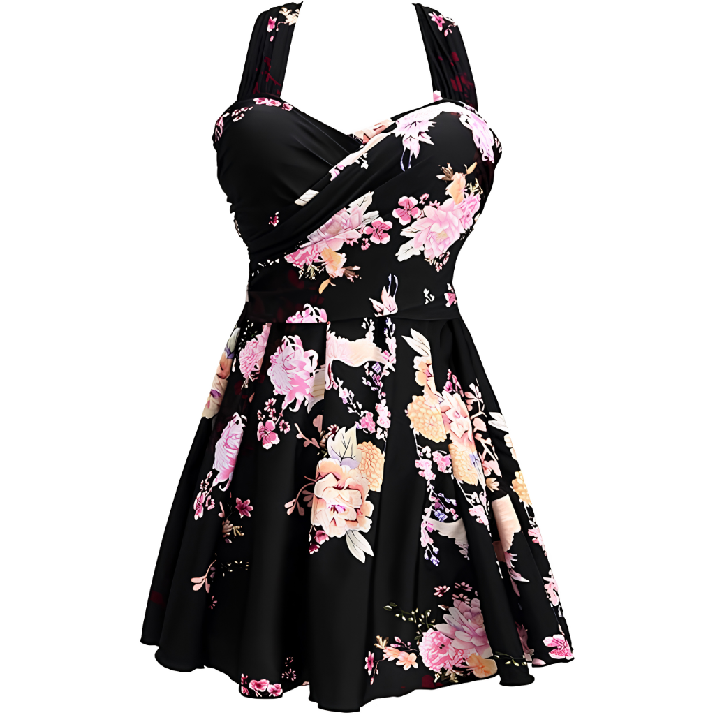 Elegant One Piece Skirted Swimdress With Cross Back Design For Women