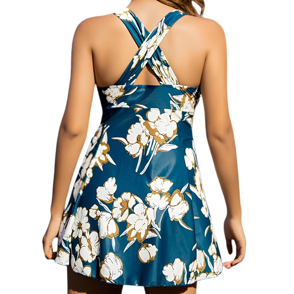 Elegant One Piece Skirted Swimdress With Cross Back Design For Women