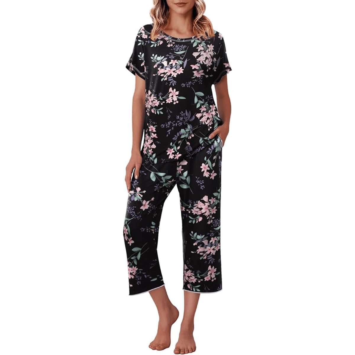 Floral Print Capri Pajama Set – Lightweight Comfort Design-Secret Slim Wear