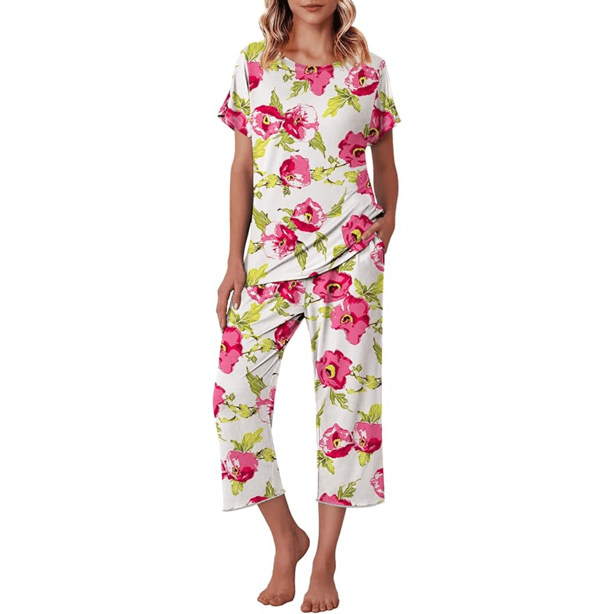 Floral Print Capri Pajama Set – Lightweight Comfort Design-Secret Slim Wear