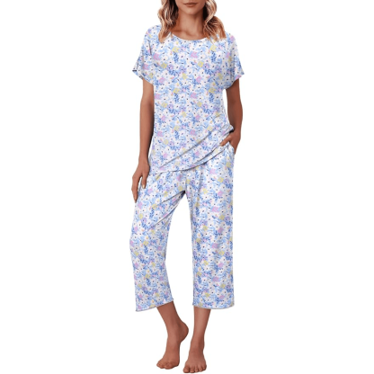 Floral Print Capri Pajama Set – Lightweight Comfort Design-Secret Slim Wear