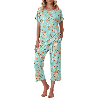 Floral Print Capri Pajama Set – Lightweight Comfort Design-Secret Slim Wear