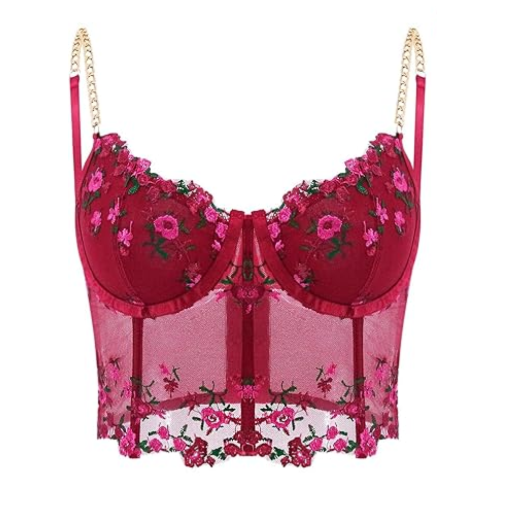 Mesh Sequin Floral Jacquard Corset Crop Top For Women