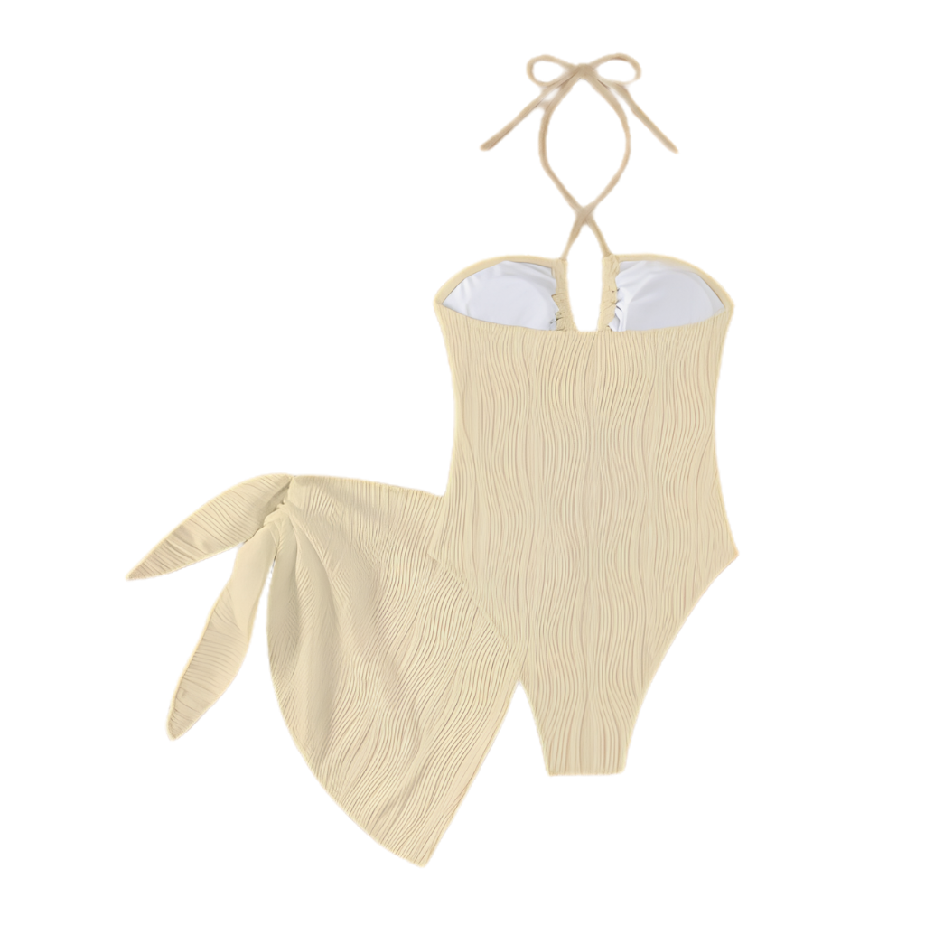 Textured Cutout Halter 2 Piece Swimsuit With Cover Up Set For Women