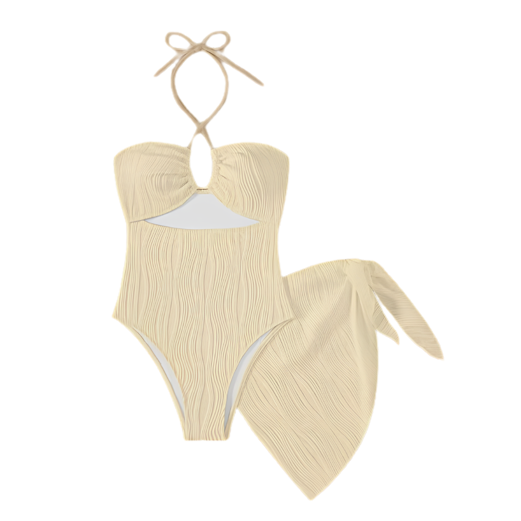 Textured Cutout Halter 2 Piece Swimsuit With Cover Up Set For Women