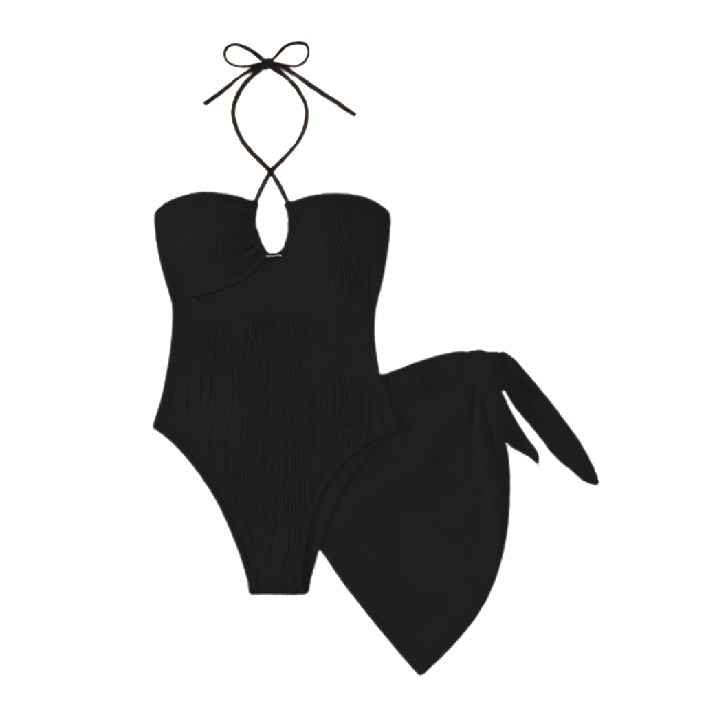 Textured Cutout Halter 2 Piece Swimsuit With Cover Up Set For Women