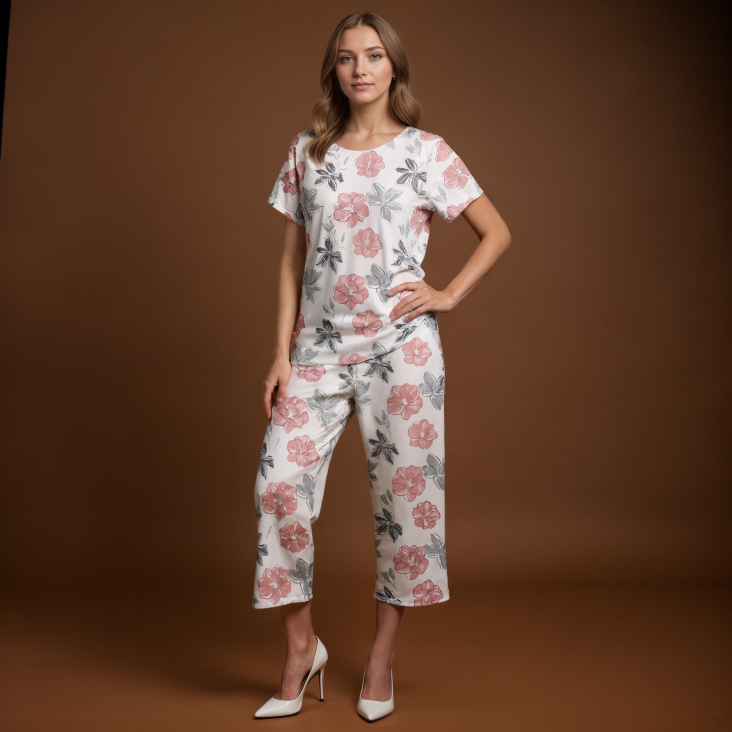 Capri Sleepwear Set With Floral Print Loungewear Pajama Set