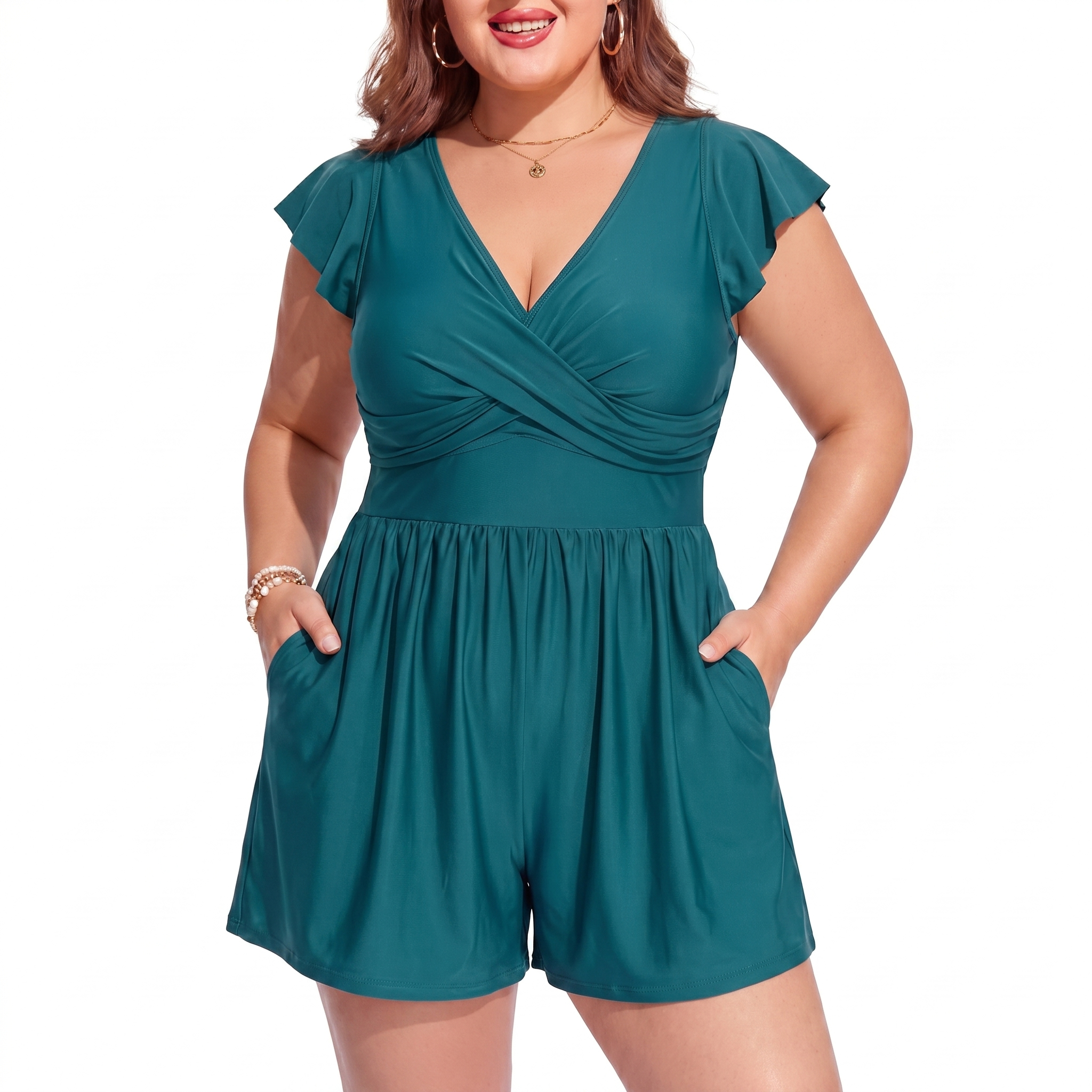 Plus Size Swim Romper Pocket Detail Swimwear For Women