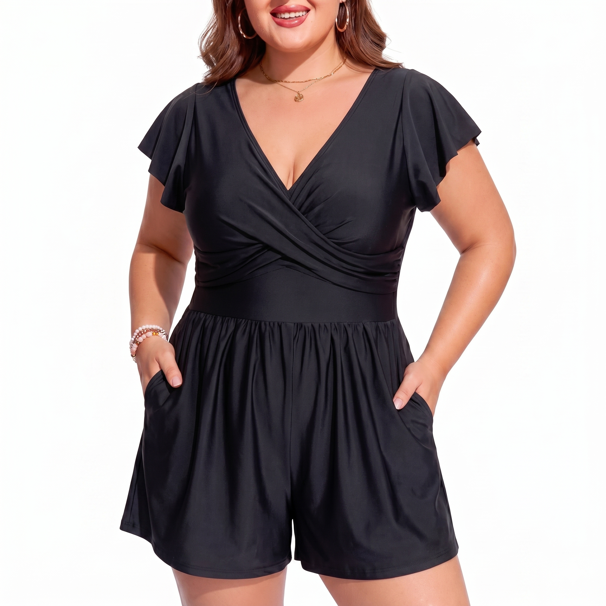 Plus Size Swim Romper Pocket Detail Swimwear For Women