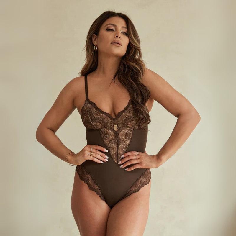 Lace Trim Plunge Bodysuit – Elegant Fit with Adjustable Straps-Secret Slim Wear
