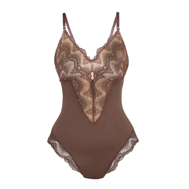 Lace Trim Plunge Bodysuit – Elegant Fit with Adjustable Straps-Secret Slim Wear