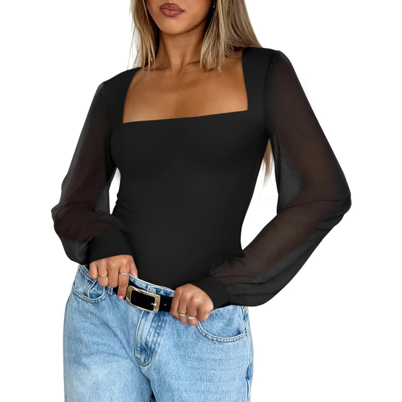 Mesh Long Sleeve Bodysuit With Square Design for Comfortable Fit-Secret Slim Wear