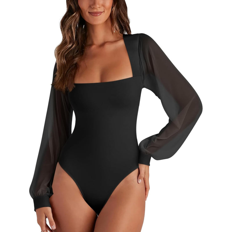 Mesh Long Sleeve Bodysuit With Square Design for Comfortable Fit-Secret Slim Wear