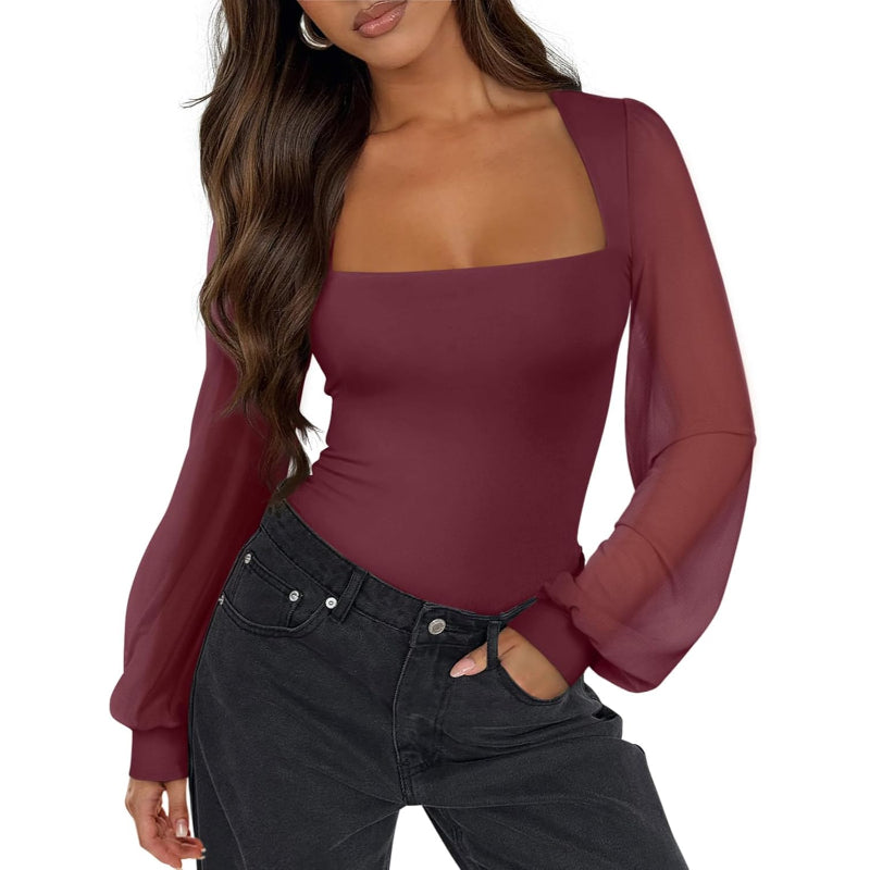 Mesh Long Sleeve Bodysuit With Square Design for Comfortable Fit-Secret Slim Wear