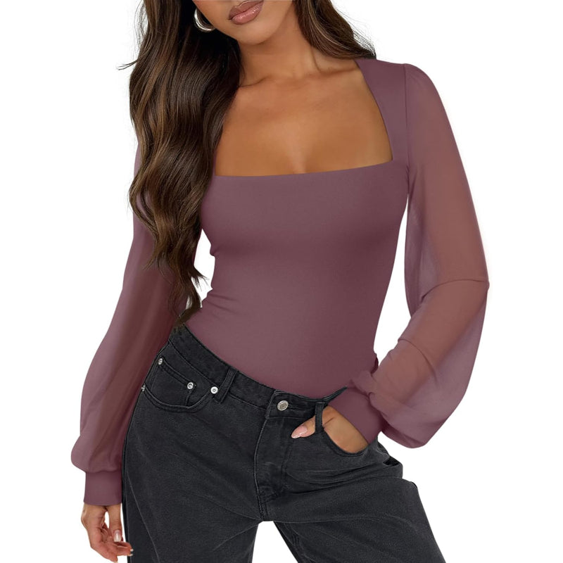 Mesh Long Sleeve Bodysuit With Square Design for Comfortable Fit-Secret Slim Wear