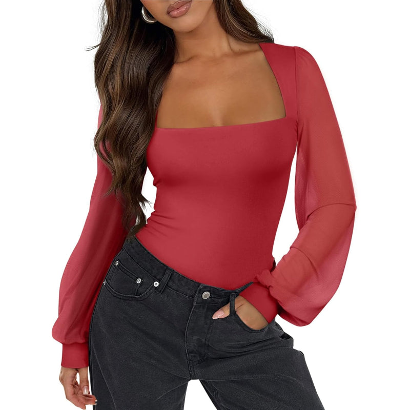 Mesh Long Sleeve Bodysuit With Square Design for Comfortable Fit-Secret Slim Wear