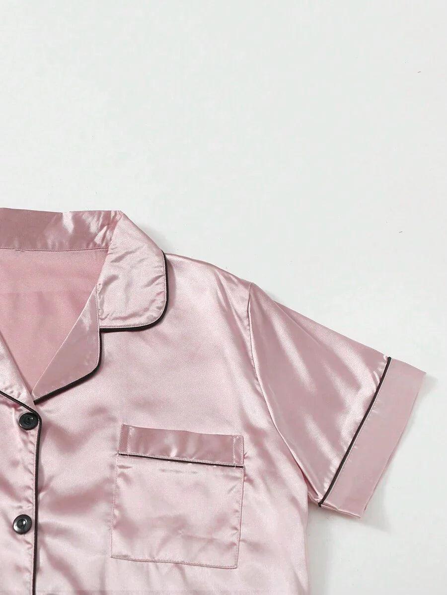 Contrast Binding Satin Pajamas – Comfortable Nightwear-Secret Slim Wear