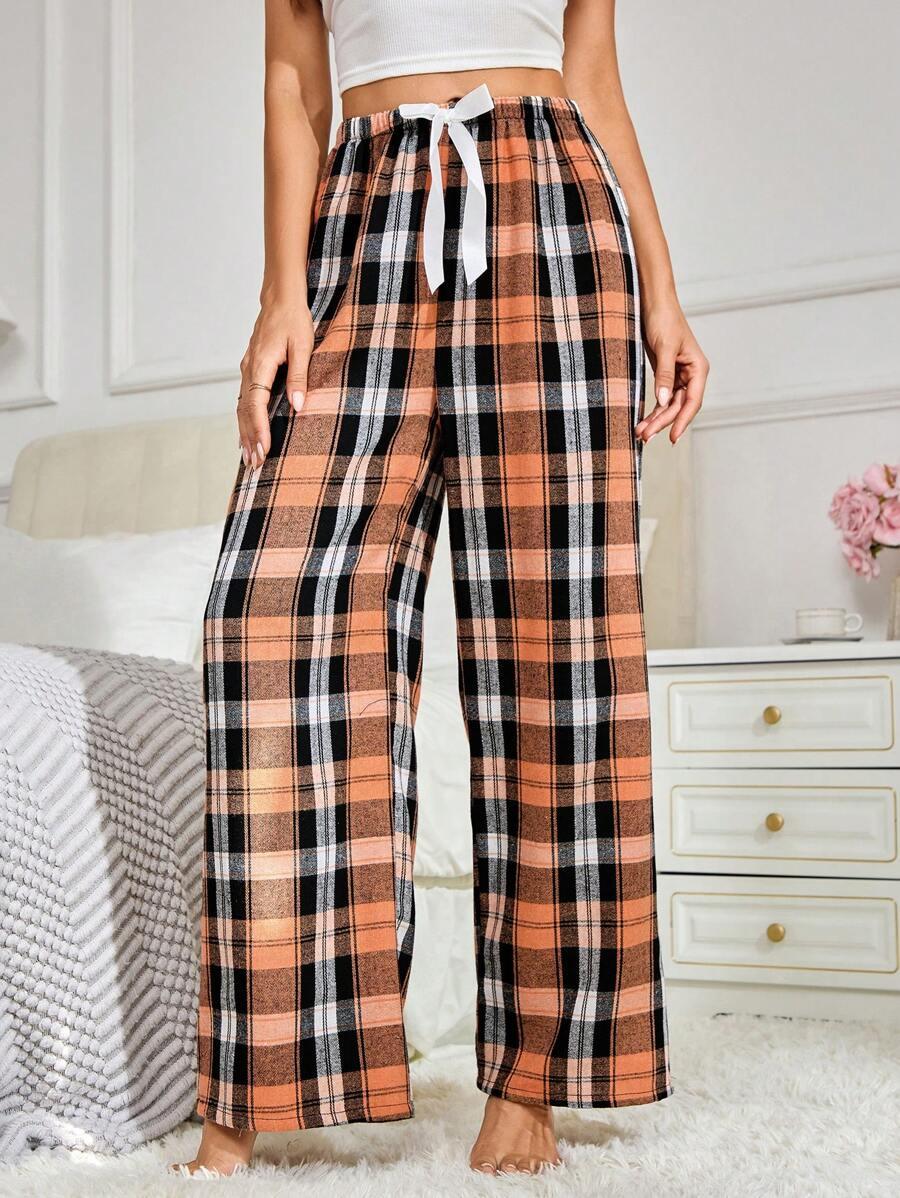 Plaid Print Pajama Pants – Cozy Loungewear with Bow Accent-Secret Slim Wear