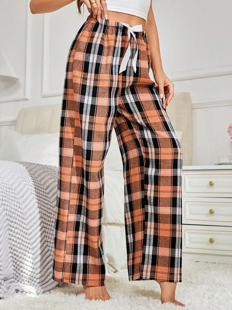 Plaid Print Pajama Pants – Cozy Loungewear with Bow Accent-Secret Slim Wear