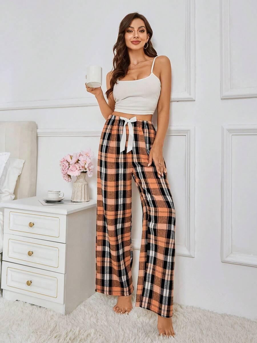 Plaid Print Pajama Pants – Cozy Loungewear with Bow Accent-Secret Slim Wear