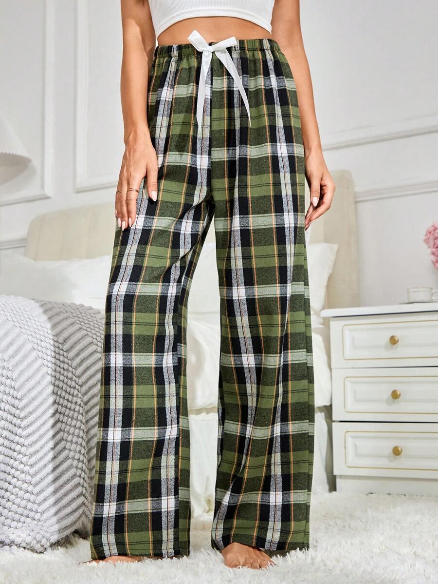 Plaid Print Pajama Pants – Cozy Loungewear with Bow Accent-Secret Slim Wear