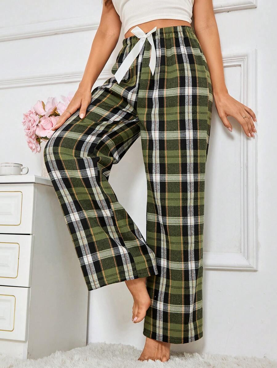 Plaid Print Pajama Pants – Cozy Loungewear with Bow Accent-Secret Slim Wear